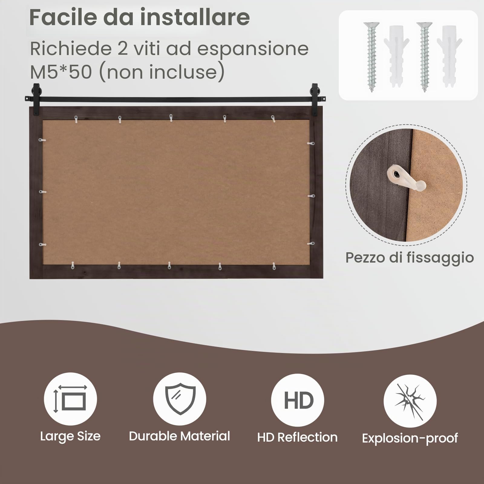 LIFEZEAL Specchio da Parete Rettangolare, Cornice in Legno Massello, Antisplosione, Decorativo, Ingresso, Salotto, Camera da Letto, Bagno, Appeso a Muro, Alta Definizione, Mirror (grigio, 100x66 cm)