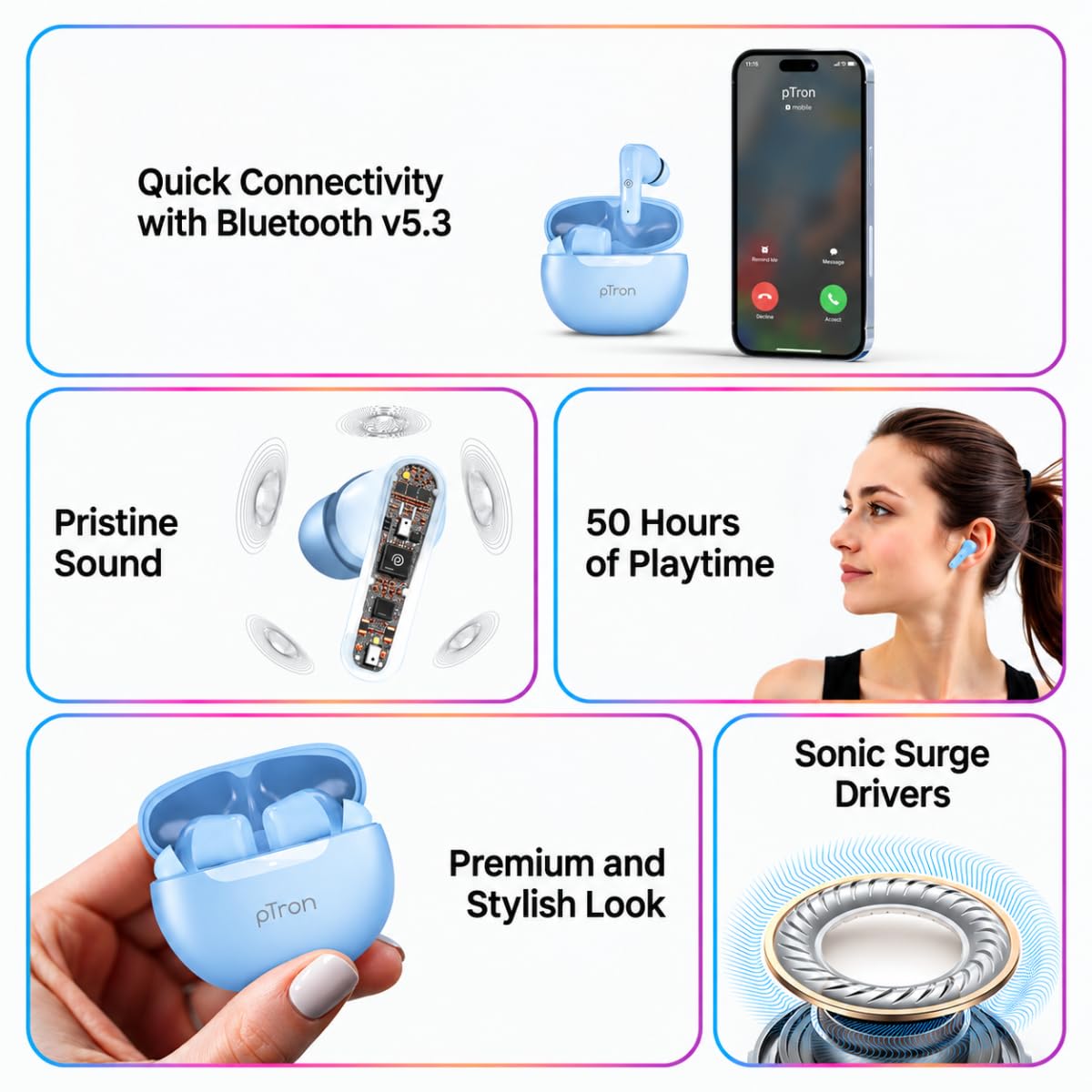 pTron Bassbuds Astra in-Ear TWS Earbuds w/Stereo Sound, 50Hrs Playtime, Stereo Calls, Custom EQ, Mobile App, BTv5.3 Headphones, Touch Control, Voice Assistant, Type C Charging & IPX4 (Light Blue) — Amazon image 2