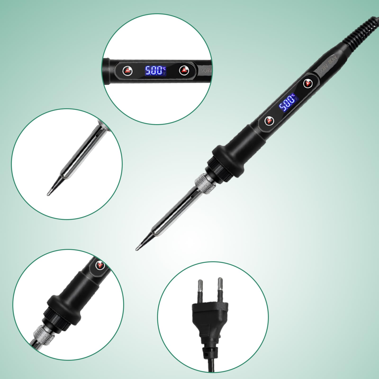 Kit De Soldador De Estaño,5pcs Puntas, Bomba Desoldadora, Soporte, Pinzas Antiestáticas, Alambre De Soldadura,80w Soldador Digital Temperatura Ajustable 180℃-500℃,Para El Uso Diversamente Reparado