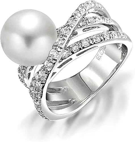Miniatura 5 de Bling Jewelry Geometric Criss Cross Pave CZ Solitaire White Simulated Pearl Fashion Statement Ring for Women Silver Plated Brass