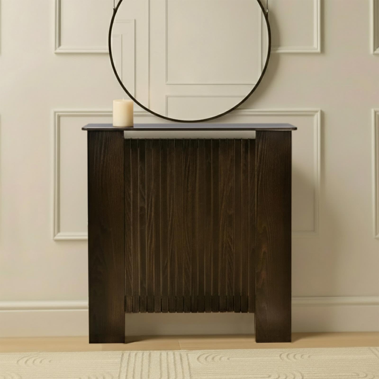 OHS Small Radiator Cover Ribbed, Modern Slatted Front MDF Cabinet Decorative Heater Cover with Top Shelf Radiator Covers for Living Room Bedroom Hallway, Dark Wood - 78 x 82 x 19cm โ image 1