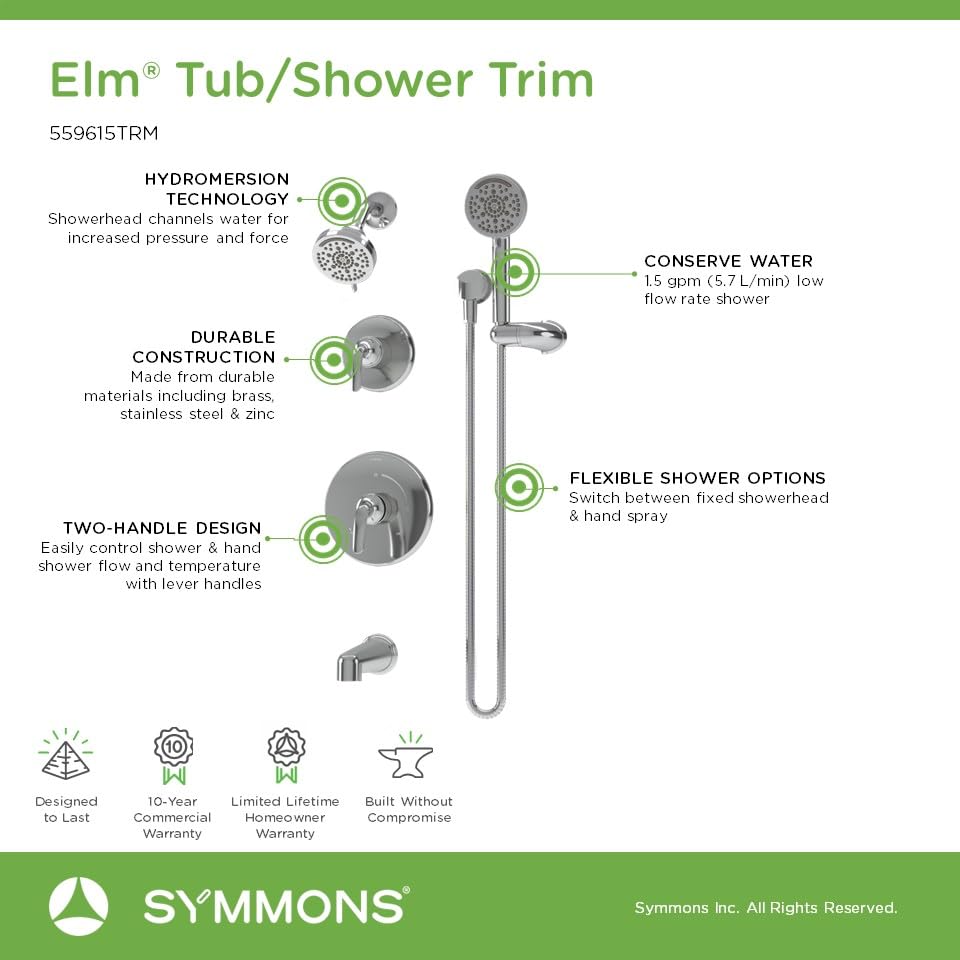 Symmons Elm kit de grifería para bañera y ducha de pared con dos manijas y ducha de mano en acabado cromado pulido miniatura 4