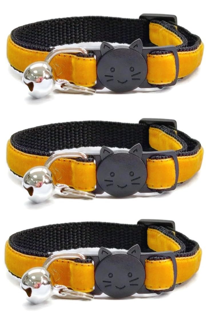 Velvet Cat Collars with Bell. Safe Breakaway Quick Release Buckle. Available in Cat & Kitten Size (Pack of 3) (Kitten Collar (15cm