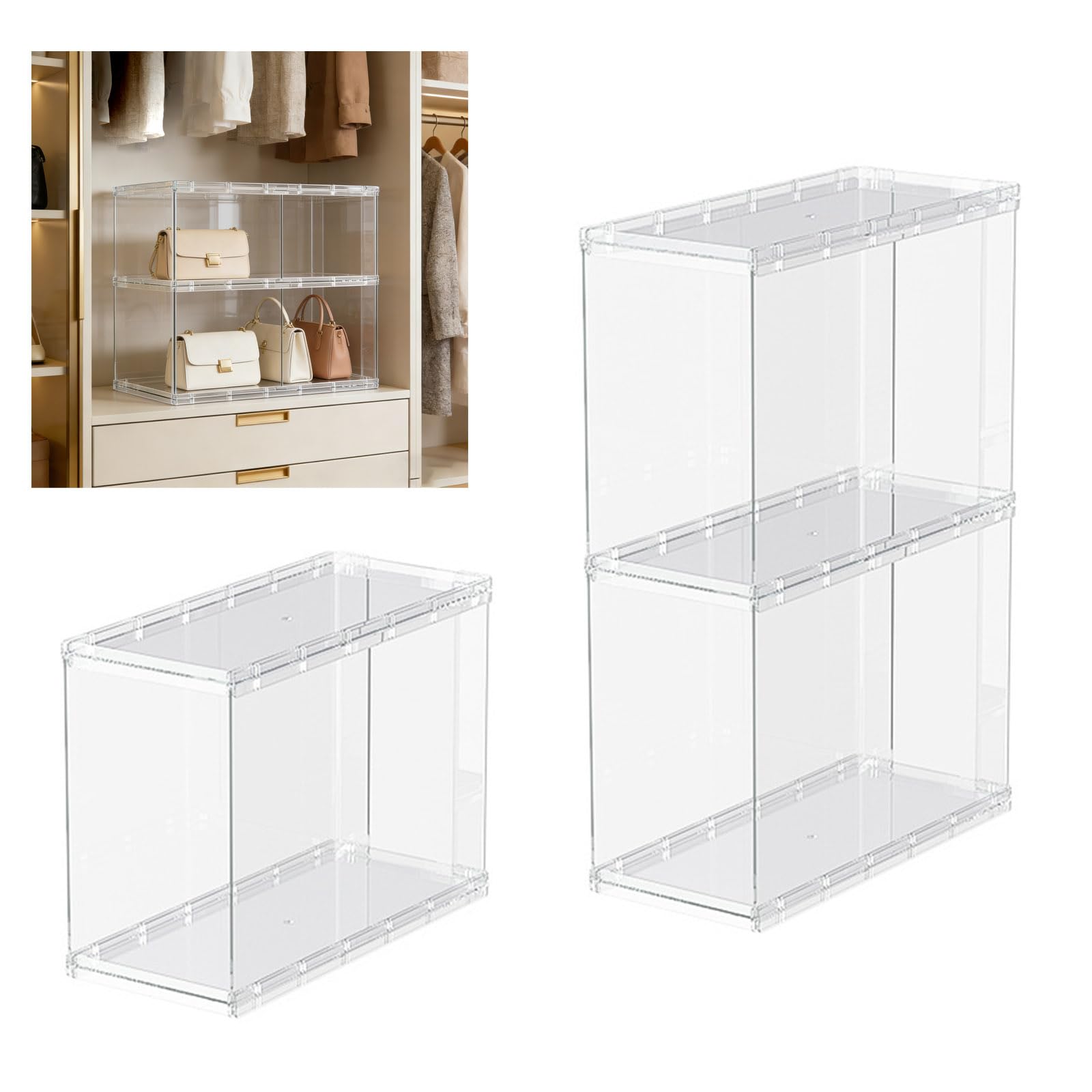 Caja de almacenamiento apilable transparente para guardar bolsos, organizador de bolsas para armario, expositor, bolsa de almacenamiento