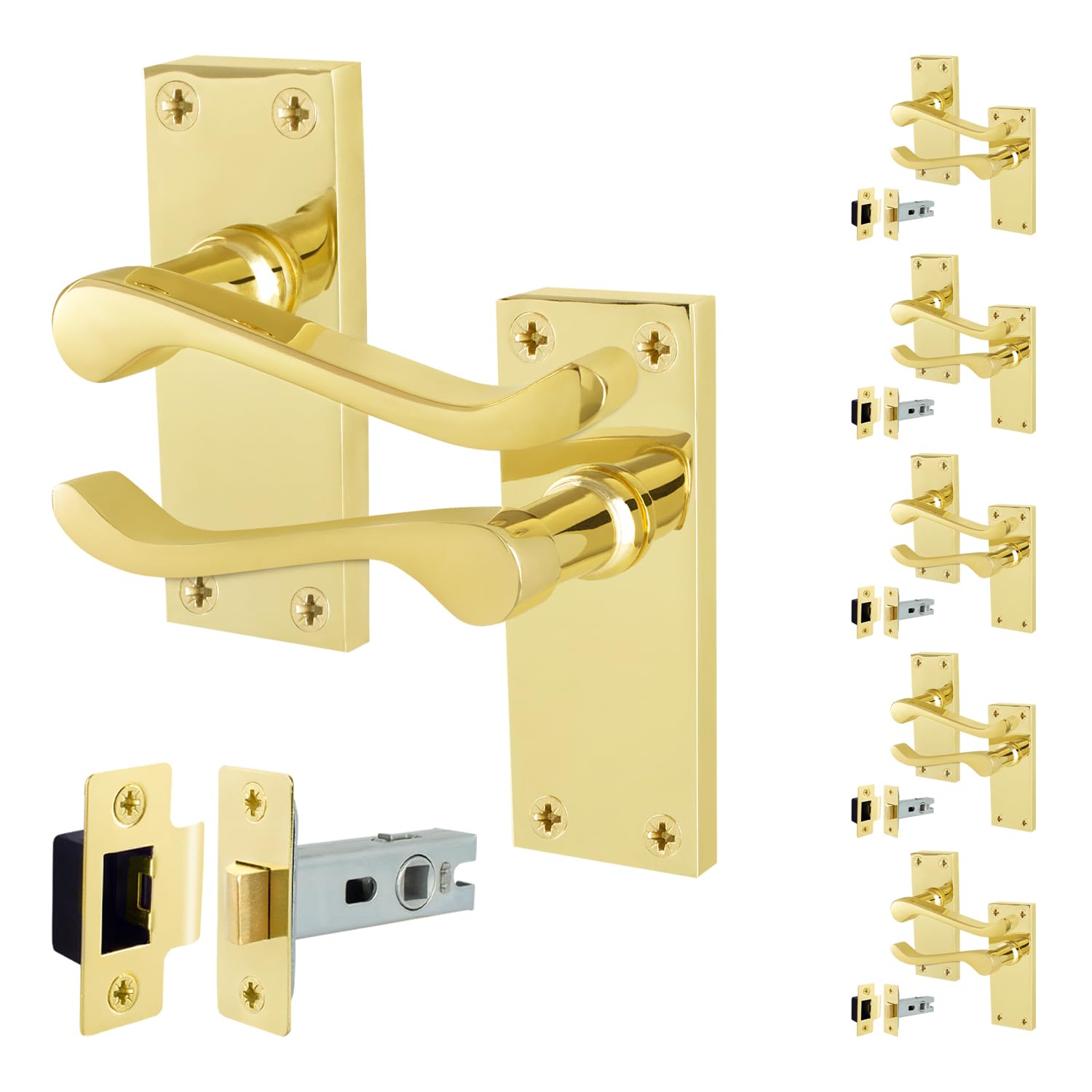 Eai Polished Brass Brass Victorian Scroll Latch Handle Set, 6 Pairs Internal Lever Door Handles On Backplate And Latch 64Mm