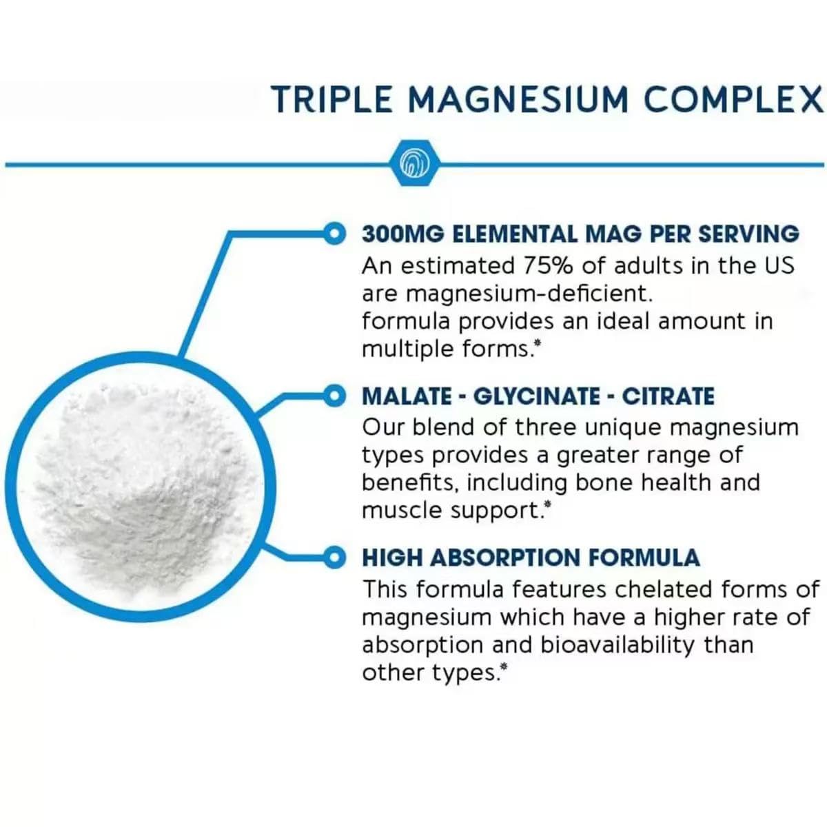 Triplo complesso di magnesio | Glicinato, malato e citrato di magnesio | Formula chelata ad alto assorbimento | Vegano, non OGM, senza glutine |