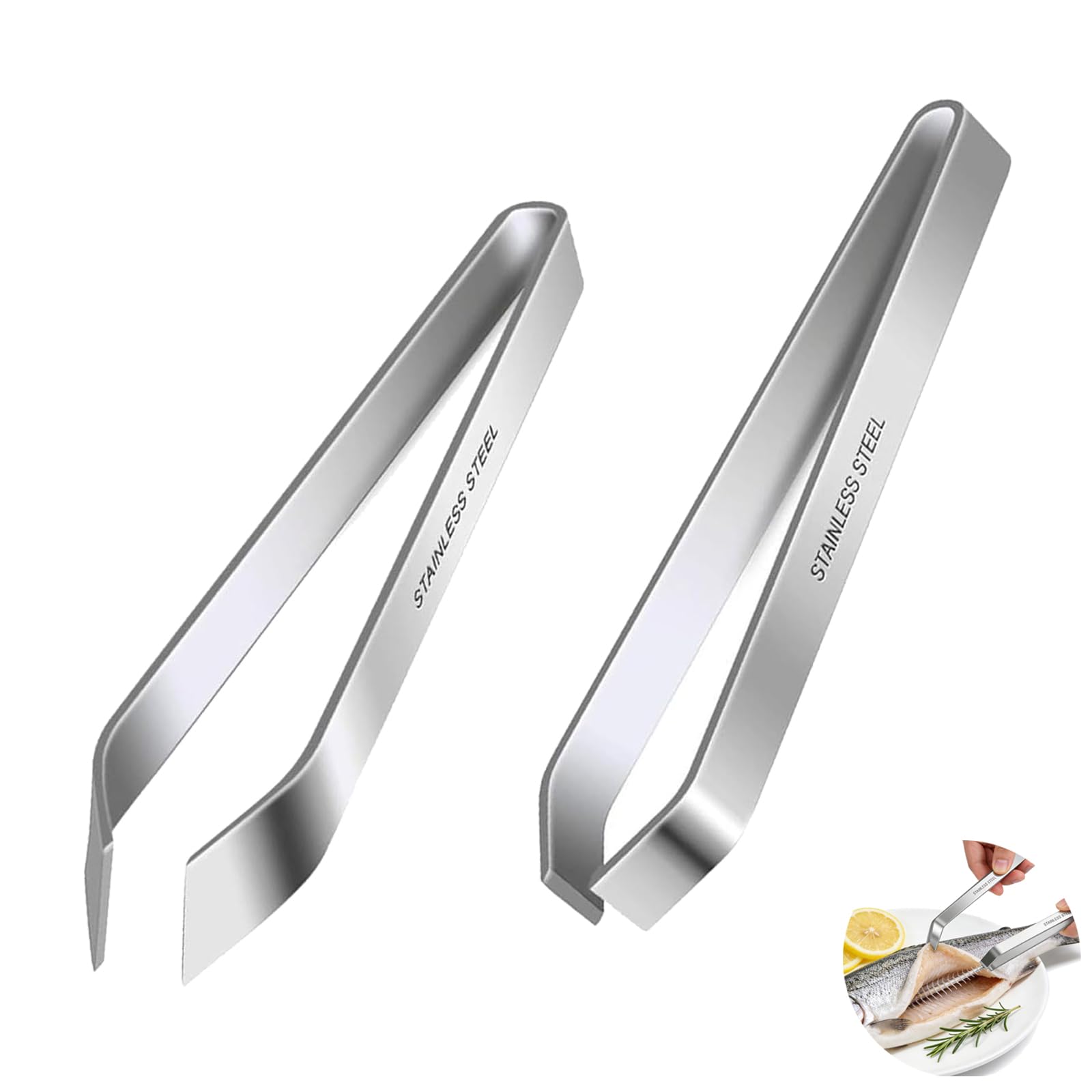 2 PCS Fish Tweezers, Kitchen Tweezers, Professional Stainless Steel Flat and Slant Pliers Remover Set, for Cooking Kitchen Salmon Trout, Easy to Wash(Silver)