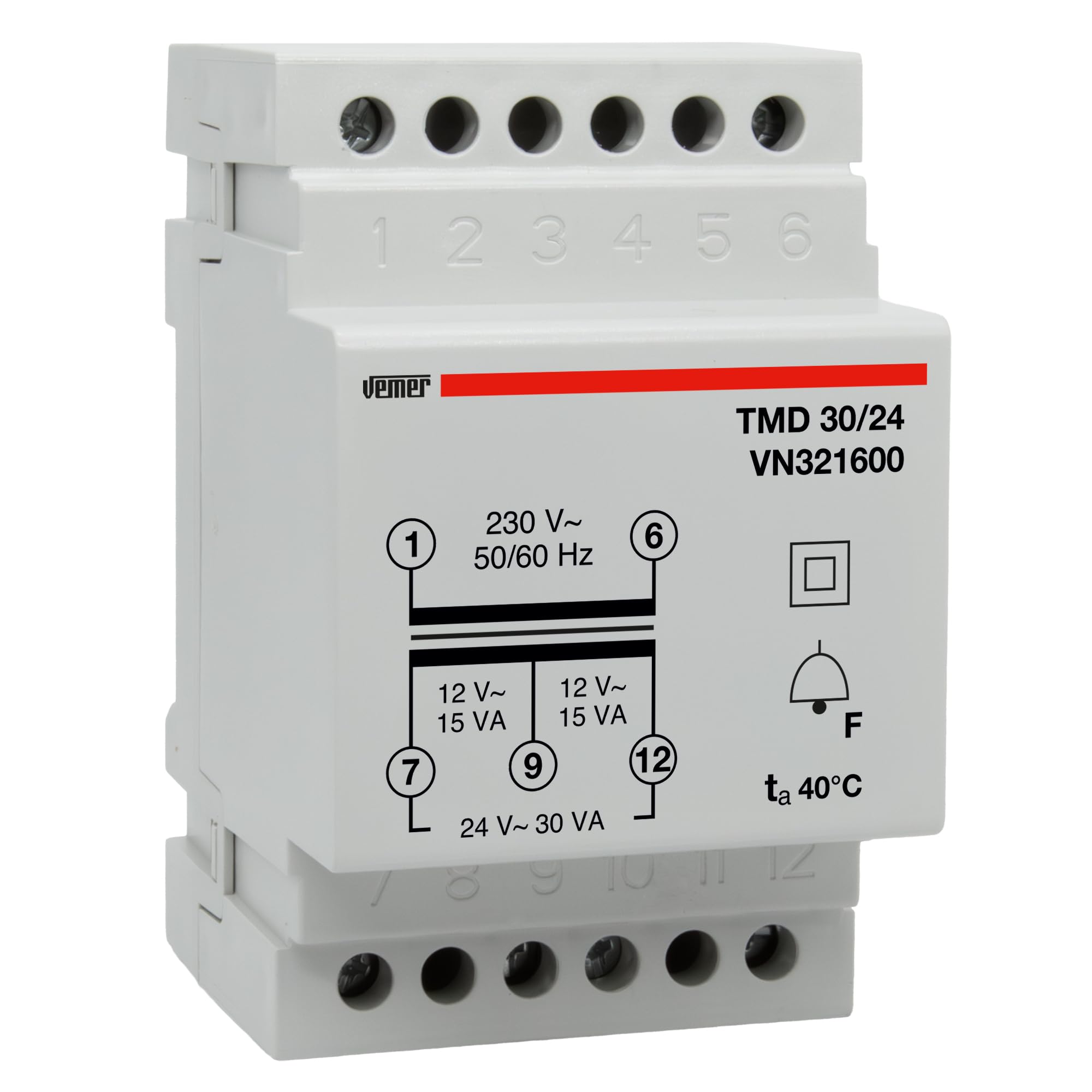 Vemer Lightgrey Vn321600 Model Tmd 30/24 Din-Rail Mounting Safety Transformer For Discontinuous Service 230/12-24V