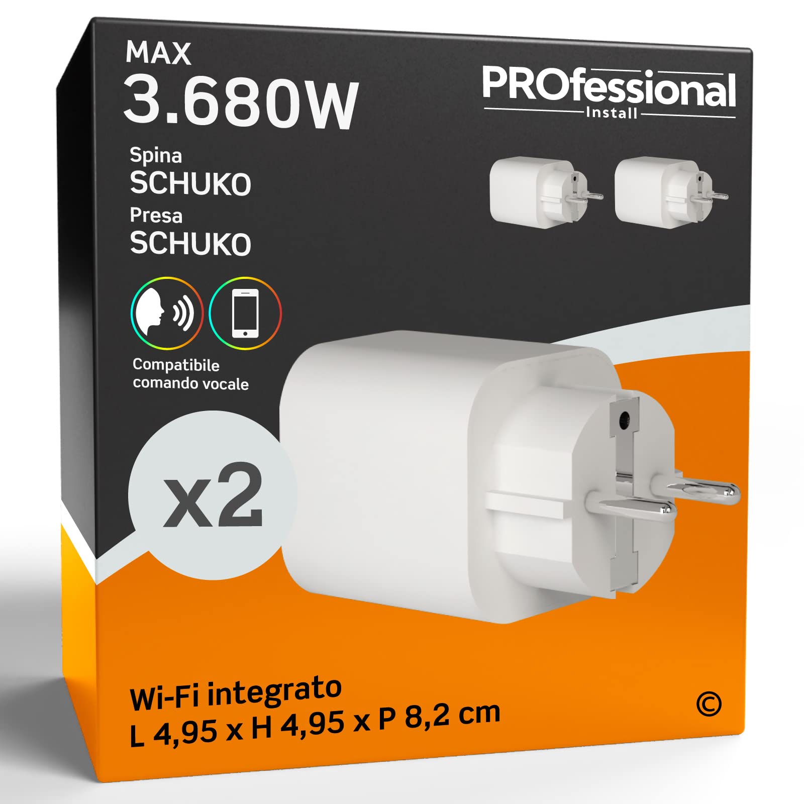 Eurocali Presa SMART Schuko 16A Wi-Fi Compatibile Alexa e Google Assistant - Pacco da 2 pezzi
