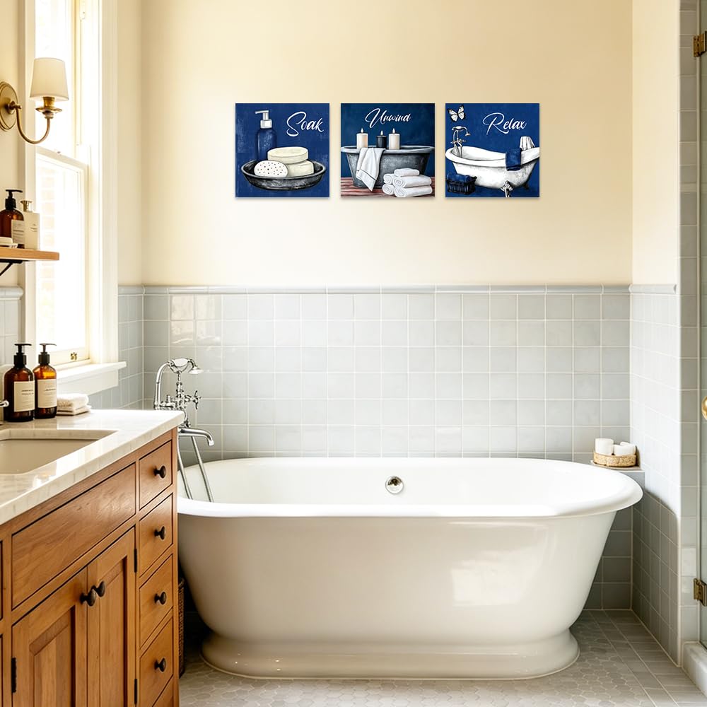 ZXHYWYM Marineblaues 3 teiliges Wandbilder Set fürs Badezimmer: Entspannende Leinwandbilder für Badewanne Spa Bad WC und Zuhause (gerahmt) 60x60cmx3