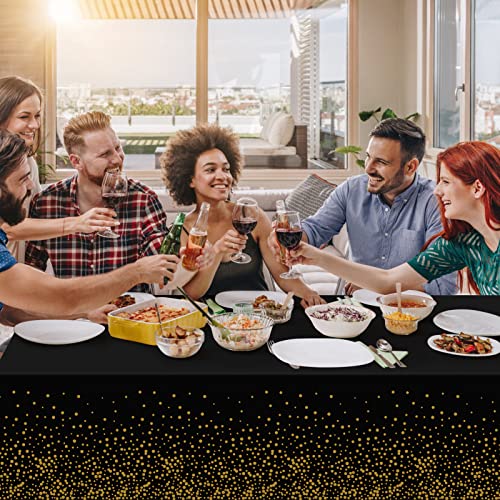 Image of Tablecloths for Rectangle Tables, 3 Pack 54 inch x 108 inch Plastic Table Cloth Disposable Table Covers Engagement Party Decorations, Black Gold Dot Tablecloths Disposable Tablecloth for Weddings Buffet Table