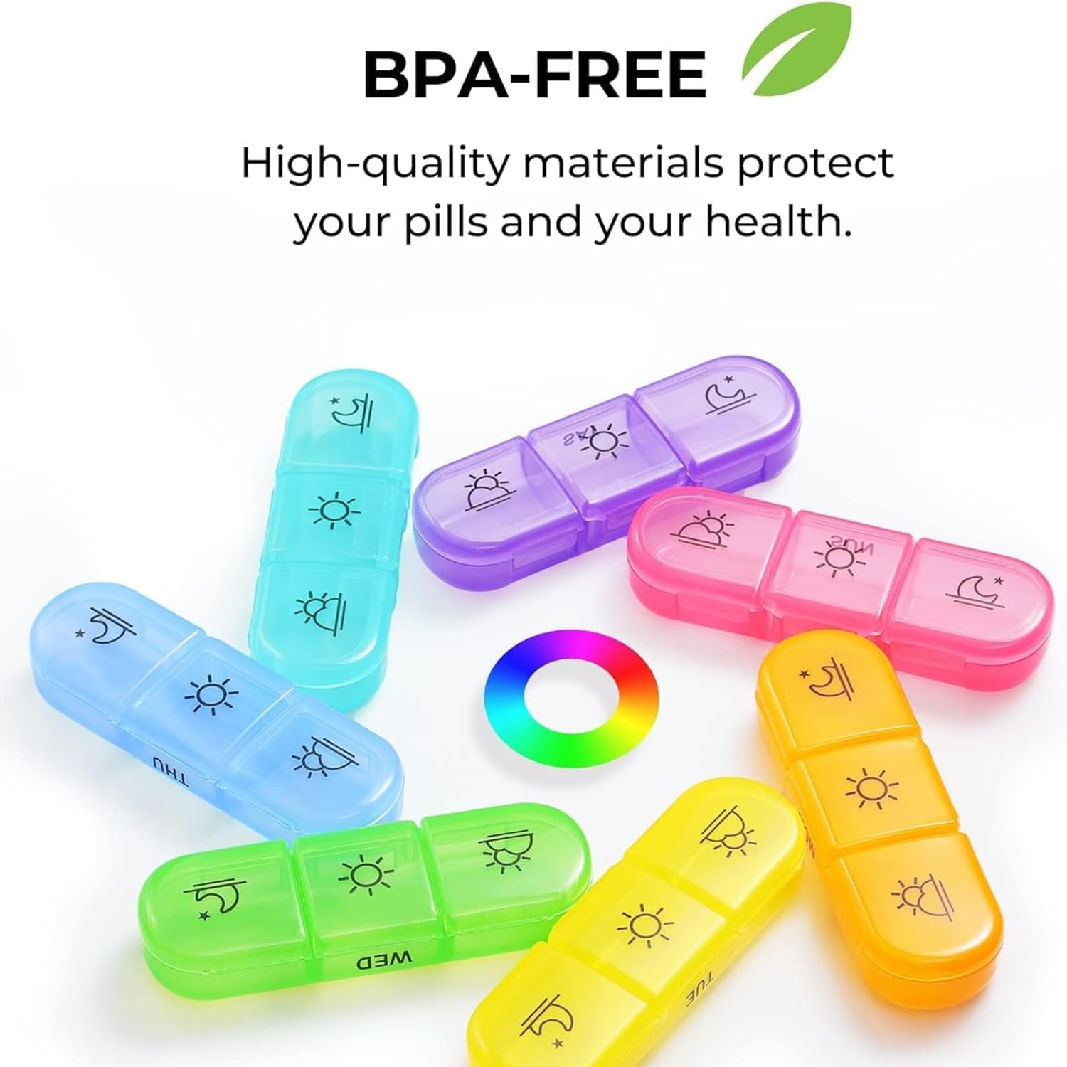 Friederich weekly pill organizer 3 times a day, portable travel pill box 7 day with large compartments moisture-proof pill case for vitamin, Medicine, pills (Medicine Organizer Box) (Multicolor) 1