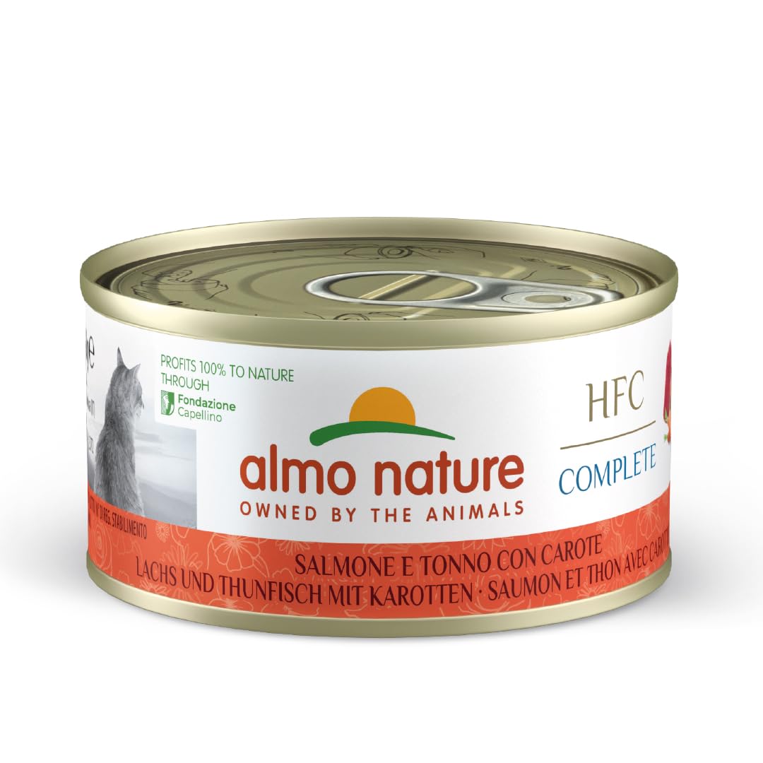 Almo Nature HFC Complete - Wet Cat Food for Adult Cats - Salmon, Tuna and Carrots - Human Grade, Gluten Free - 70g, Pack of 24