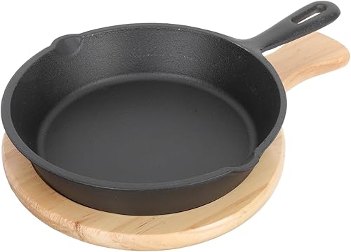 DOITOOL Sartén antiadherente de hierro fundido con tabla de madera, sartén de cocina gruesa para tortilla de bistec y cocina casera, olla de cocción