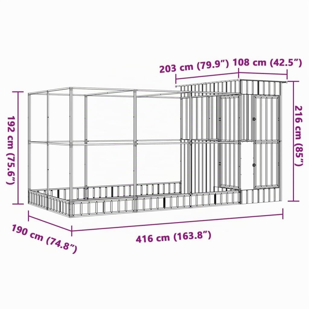 vidaXL Voliera con Estensione Argento 416x203x216 cm Acciaio
