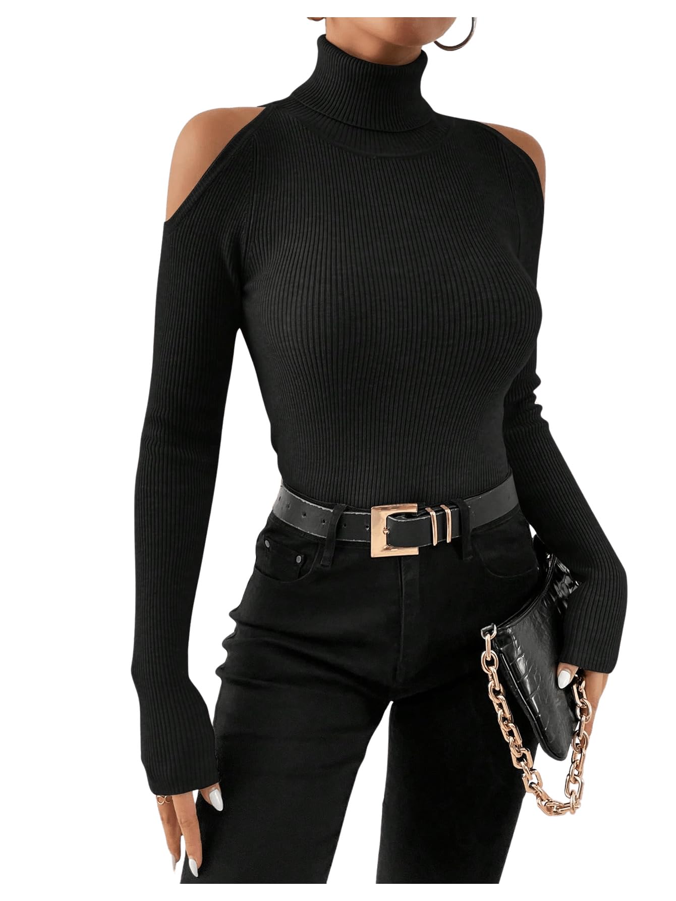 SOLY HUX Womens Cold Shoulder Sweater High Neck Long Sleeve Pullover Lightweight Ribbed Knit Jumper Tops