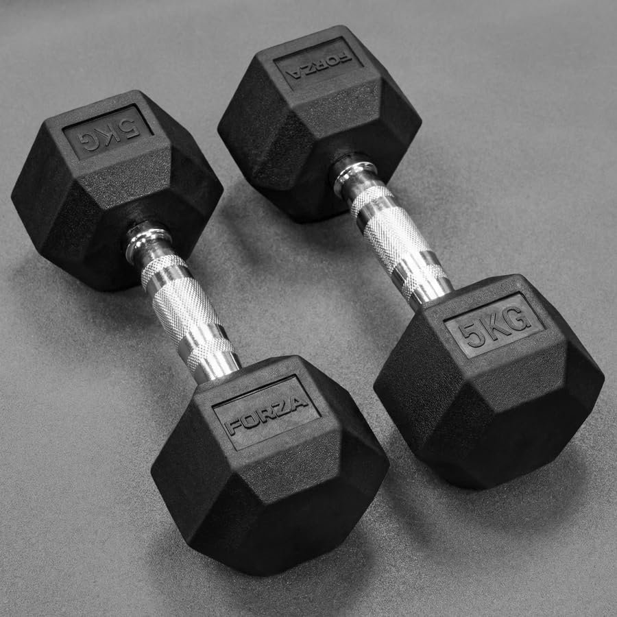 FORZA Rubber Hex Dumbbells [2.5kg - 50kg] | Gym & Home Weights - Pair of Weights (5kg)