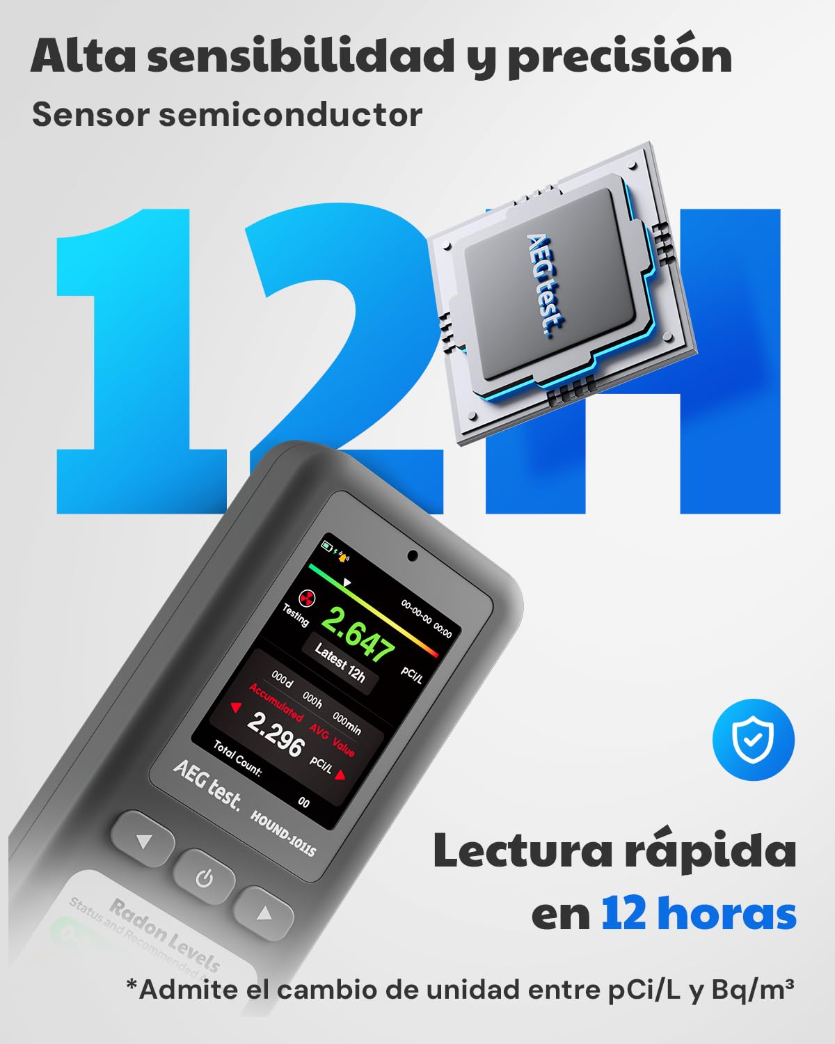 HOUND-1011S Detector de radón portátil, Sensor de Alta precisión para el hogar, Ligero, Alarmas sonoras y visuales, Monitoreo a Largo Plazo, Probador de radón fácil de Usar en pCi/L o Bq/m³