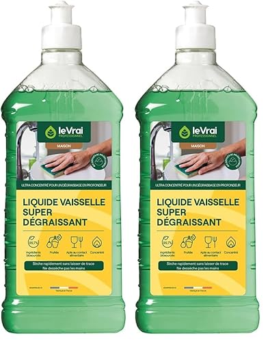 LE VRAI PROFESSIONNEL - Liquide Vaisselle Super Dégraissant - Élimine Graisses et Résidus - Ecologique - Parfum Fruité - Fabrication Française - Flacon 1 L (Lot de 2)