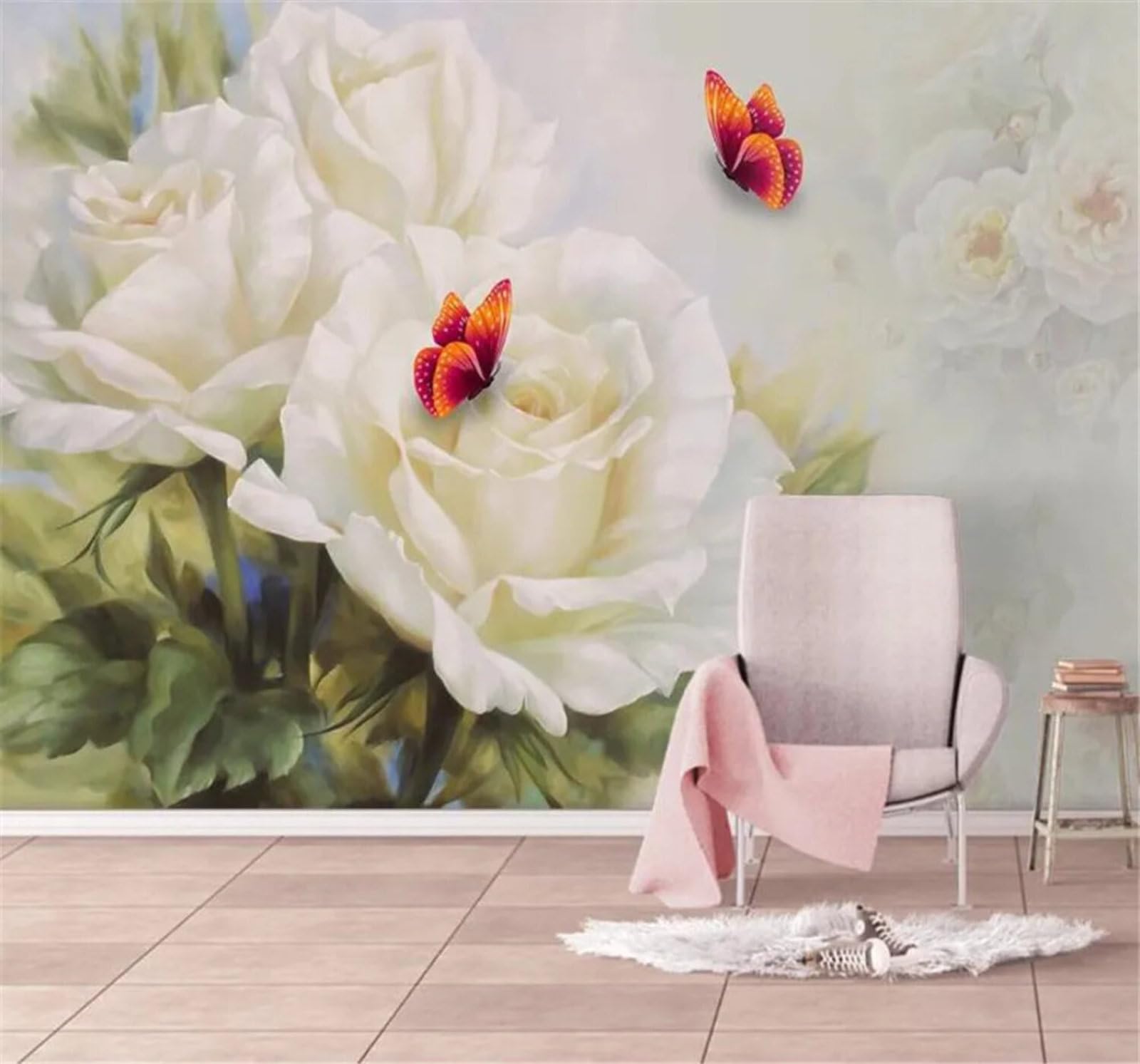 Tzxztt Hand Drawn Fresh Aesthetic White Rose Butterfly Modern 3D Wallpaper Premium Textured Silk Neutral Tones Material Ideal for Living Room Bedroom-200cm×140cm