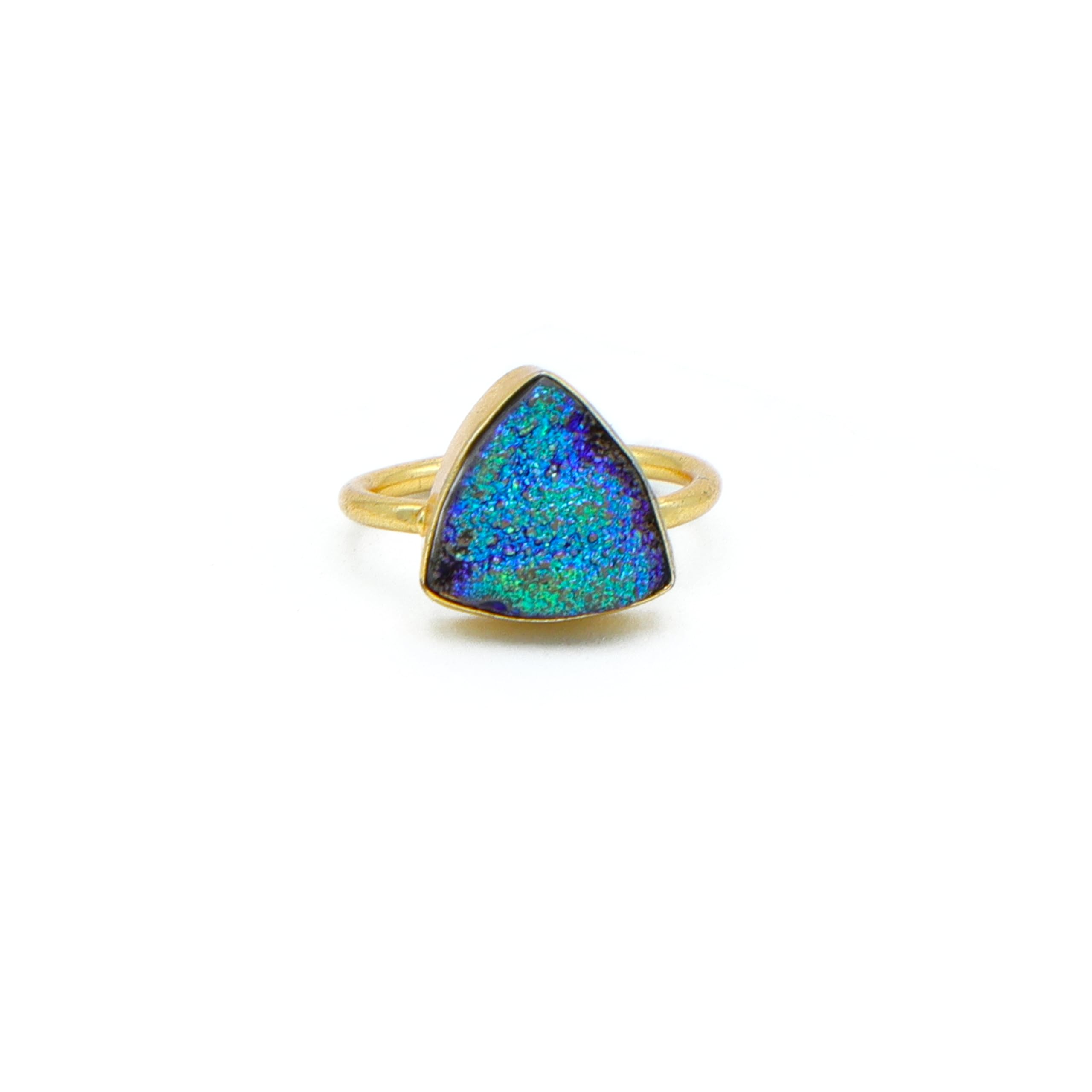 Peacock Drusy Trillion Ring – Unique Multicolor Gemstone Statement Jewelry-image-36