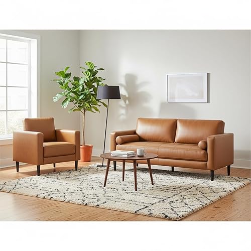 Mid-Century Genuine Leather Sofa Set, Tan – Upholstered Sofa and