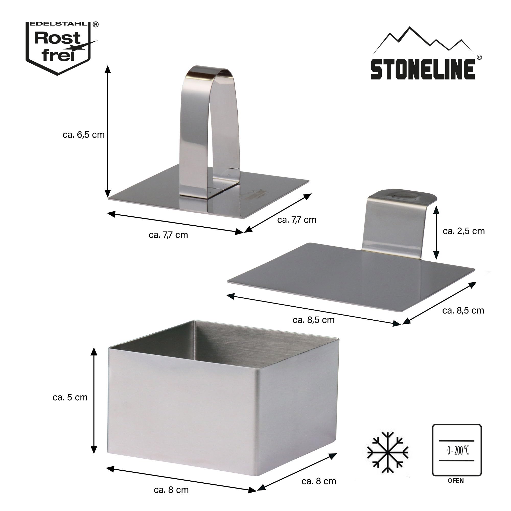 STONELINE Set di Coppapasta 8 Pezzi, Anelli per Torte 8x8 cm, Altezza 5 cm, in Acciaio Inox, Quadrato, Pressa Stantuffo Paletta Base, Stampo Rettangolare Coppa Pasta per Torte Dessert Mousse Alimenti