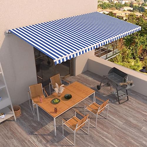 Tenda da sole da balcone allungabile, con braccio articolato, retrattile manuale, 600 x 350 cm, blu e bianco, per balcone, terrazza, giardino, facile da mantenere, versatile