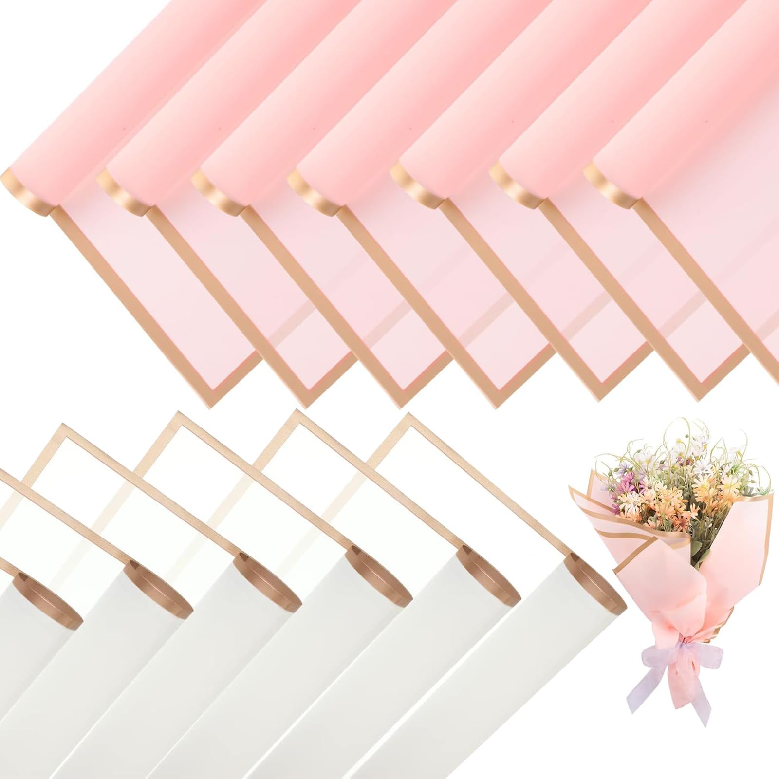 weiclianhp 20 Hojas Papel de Envolver Flores Impermeable con Borde Dorado, 10 Blanco + 10 Rosa, 58x58 cm, para Ramos de Flores, Regalos de Cumpleaños y Eventos