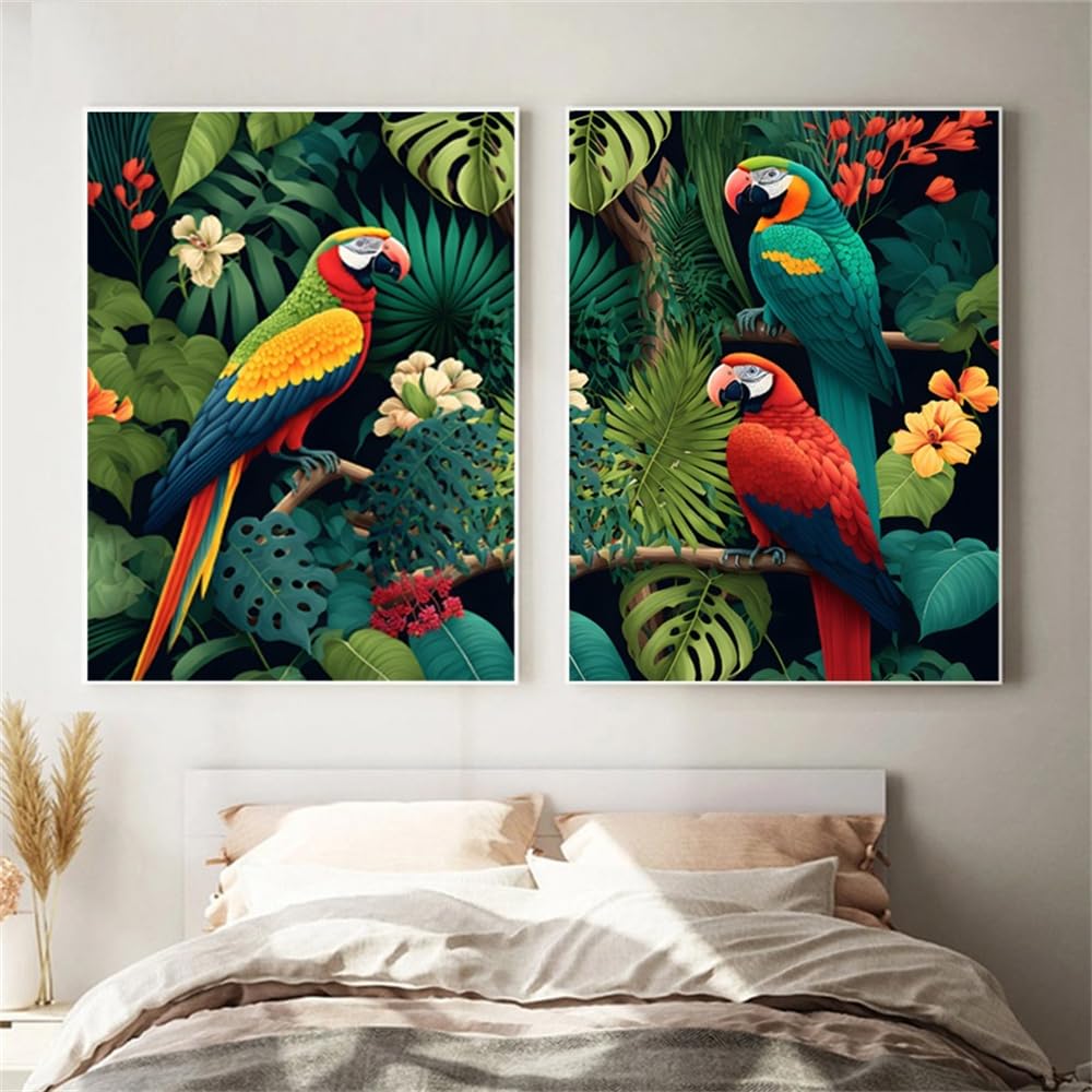 WUHBCZ Canvas Paints,Green Leaves Parrot Bird Animal Poster and Prints Canvas Painting Modern Wall Art Pictures for Living Room Kitchen Home Decor-50 * 70cm*2PCS (No Frame)