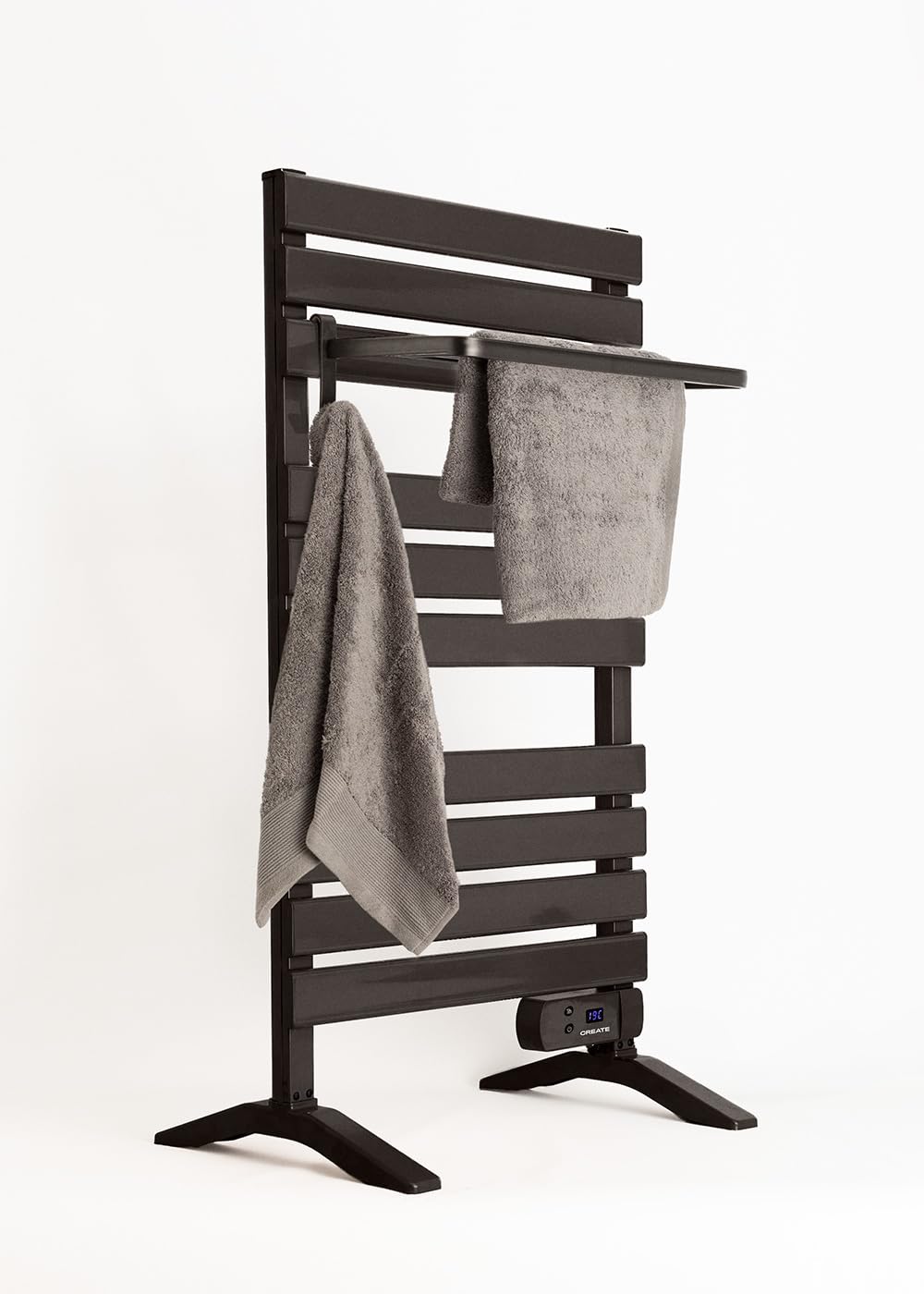 CREATE / Warm Towel 500W / Scaldasalviette Nero con Piedi e ripiano / 103x5x55 cm/per Pavimento o Parete, Timer, Schermo LCD, Basso consumo.