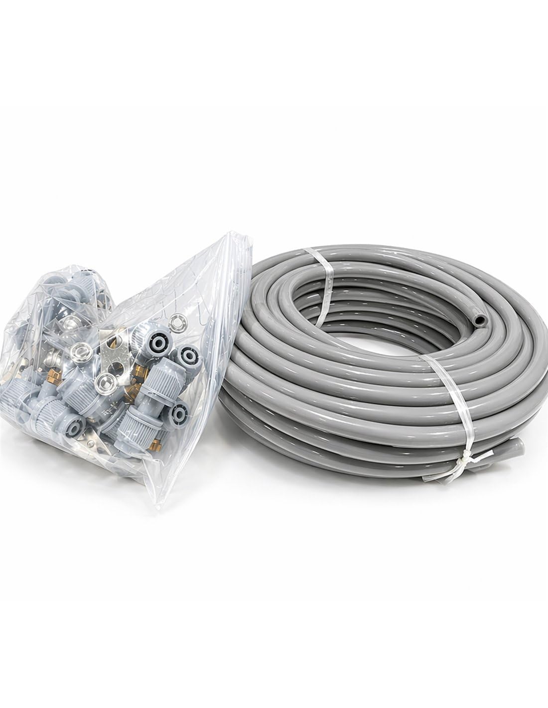 JARDIN202 - Kit Nebulizador de agua para Terraza, Pergola, Patio, Jardin o Invernadero | Boquillas de latón antical | 7 Boquillas | 30m (Gris)