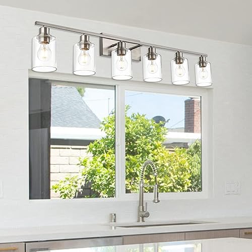 Miniatura 3 de VINLUZ Iluminación de pared de níquel cepillado de 6 luces con pantalla de vidrio semillado, lámpara de baño contemporánea sobre espejo, lámpara de