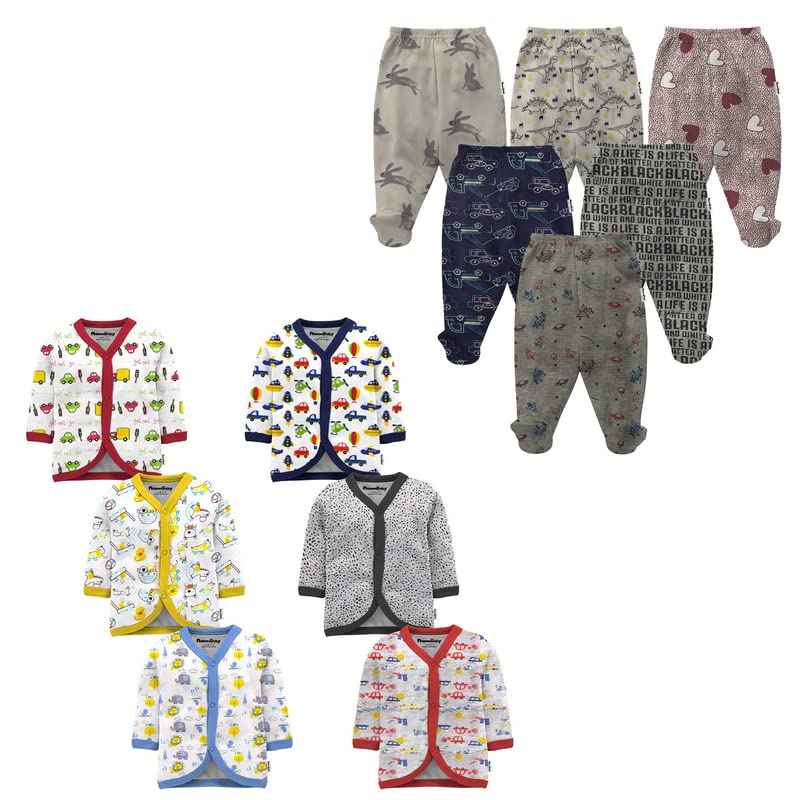 NammaBaby New Born Baby Cotton Front Open Full Sleeves Vest- Tshirt Jhabla (6PC) and Unisex Kid's Pajama with Booties (6PC)- Perfect for Your Baby with Cute Print (12 Piece Combo Set, 9-12 Months) 1