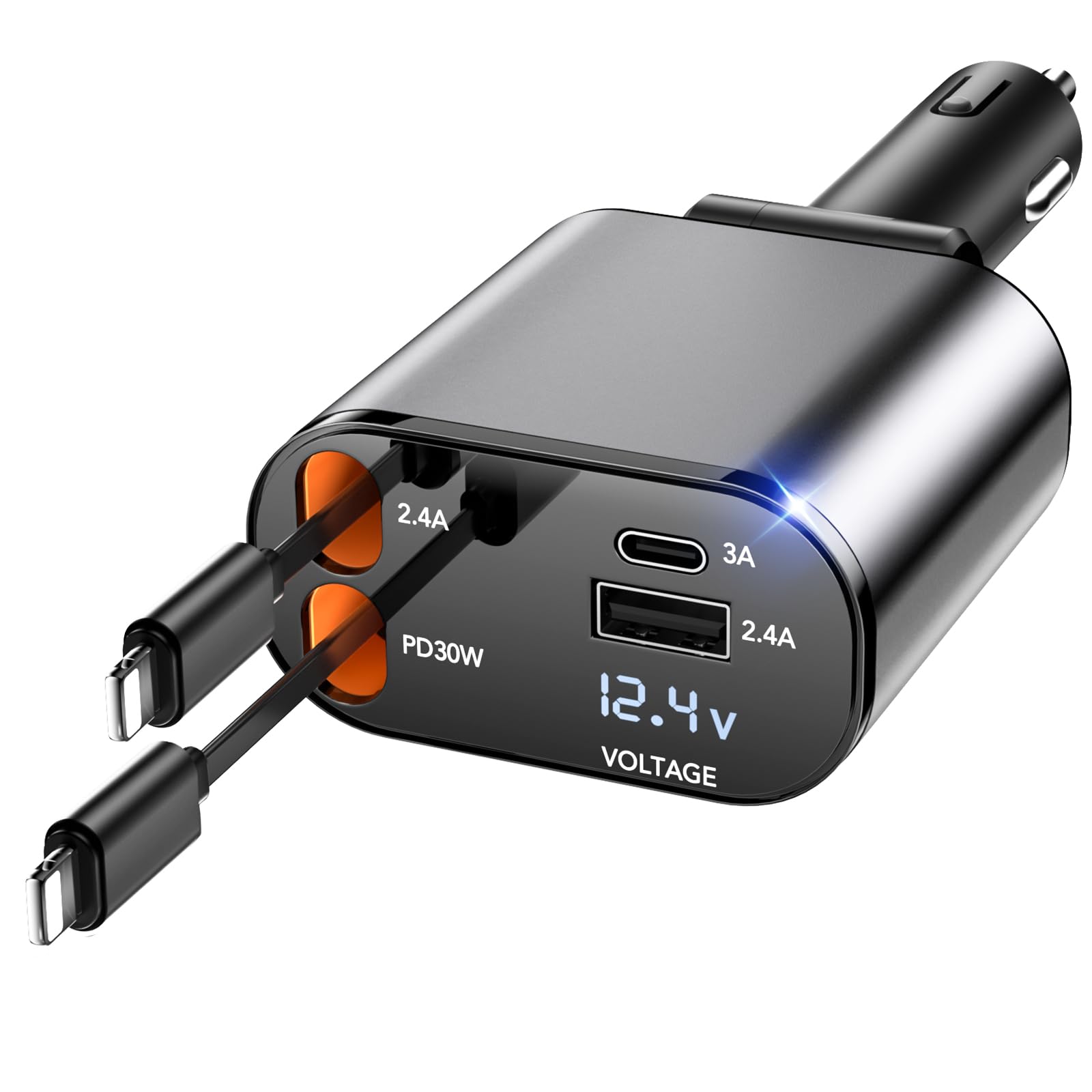 Cargador de coche retráctil, cargador de coche 4 en 1 de 60 W, cables retráctiles (2.6 pies) y adaptador de 2 puertos USB, compatible con iPhone 16/15/14/13/12/11 (los 2 puertos USB de iluminación)