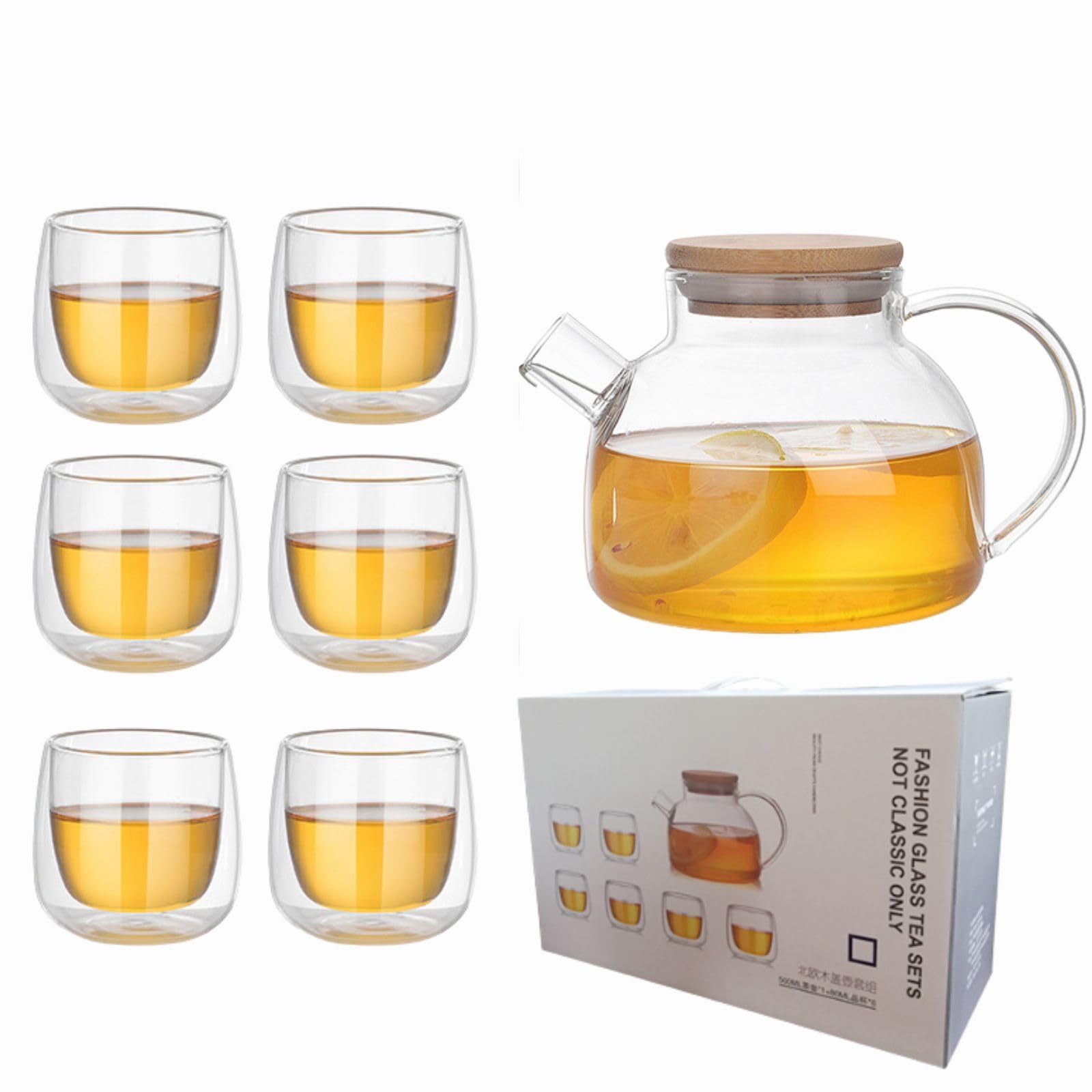 Glass Tea Kettle with Wooden Lid Glass Tea Pot with Filtering Stovetop Safe Tea Kettle with 6pcs 3.4oz Tea Cup, Unique Tea Maker Gift for Leaf and Flower Tea Blooming - 34oz (1000ml)