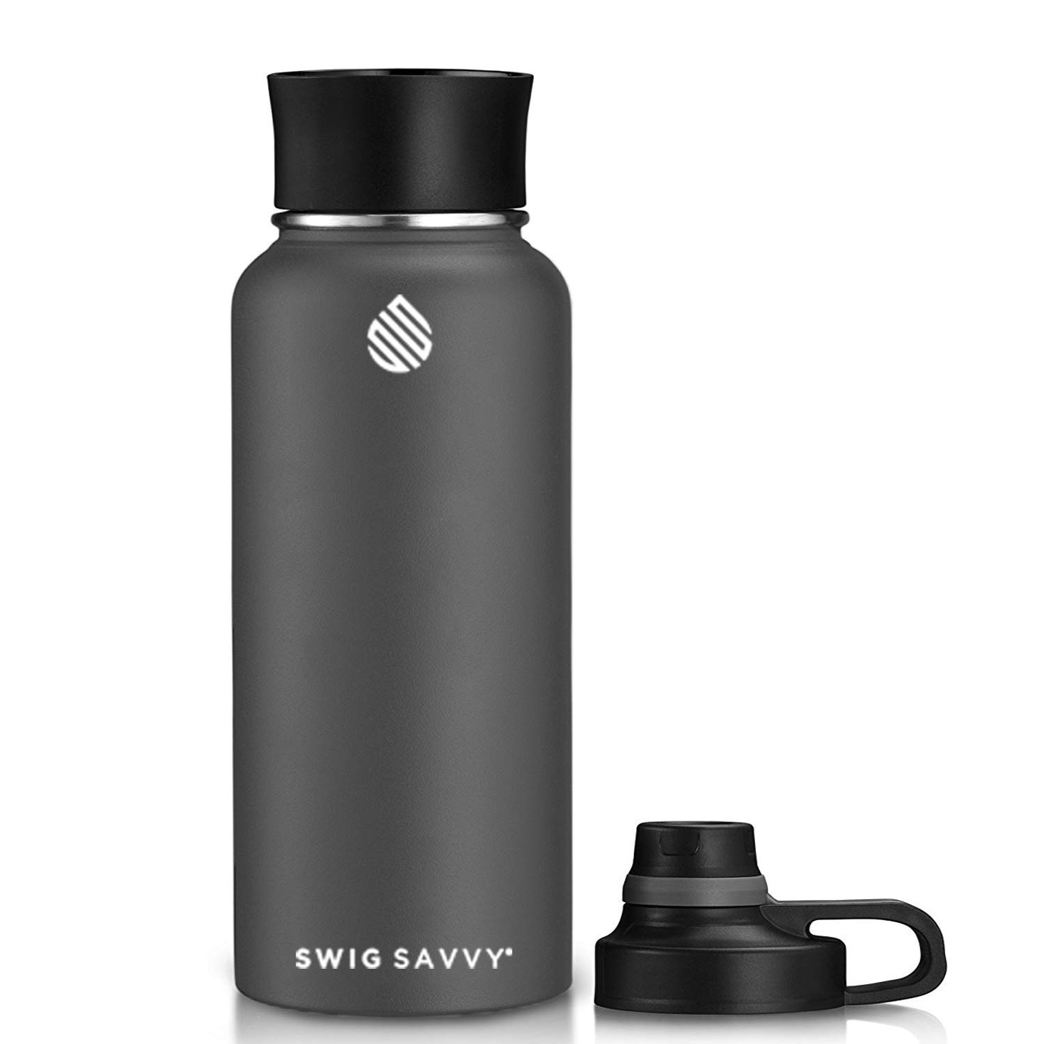 Swig SavvyStainless Steel Water Bottle - Vacuum Insulated Double Wall & Wide Mouth Design with 2 Leak Proof Caps Sport Flip & Click Cap - Drinking Mug for Hot & Cold Drinks - BPA Free - 30oz
