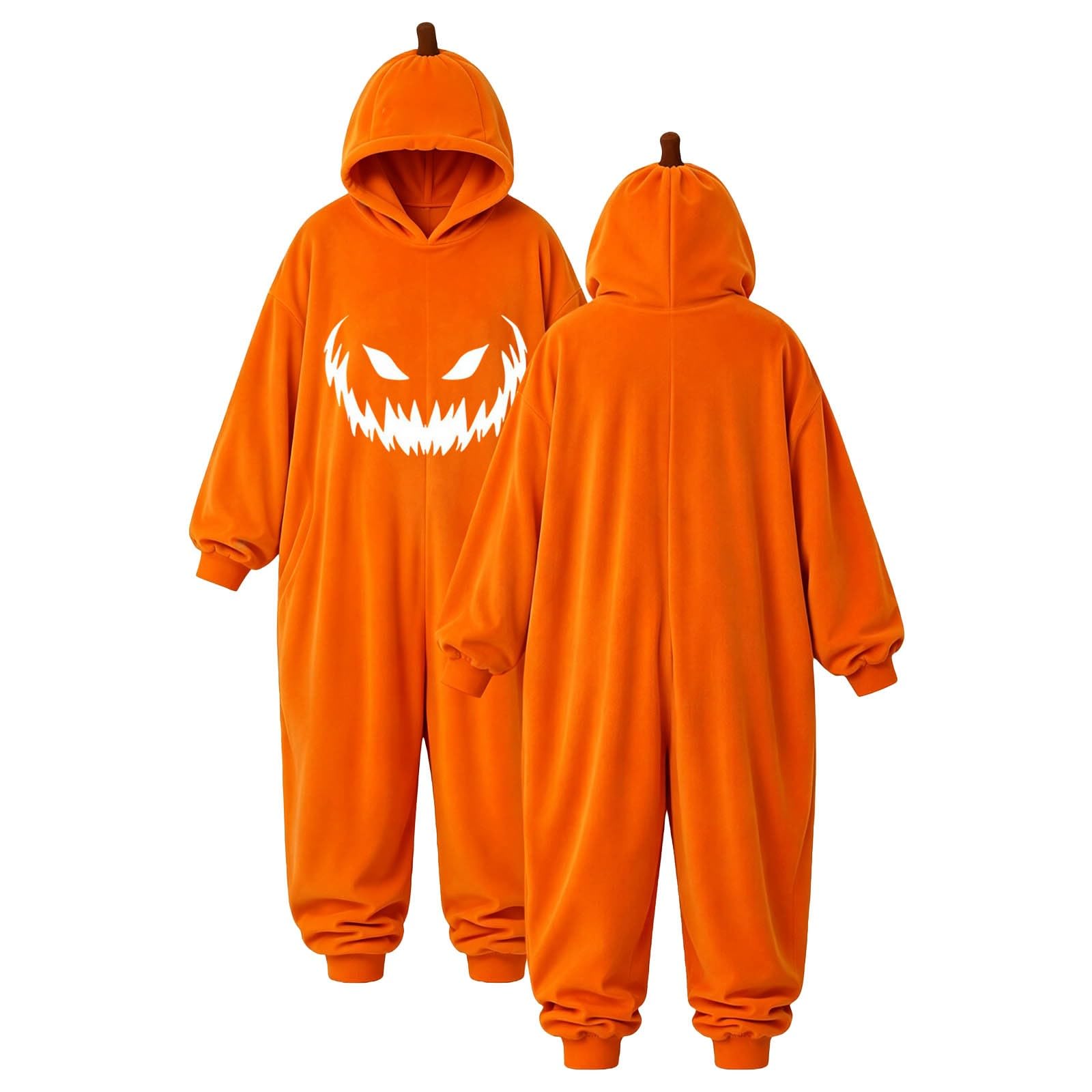 Pigiama Halloween Adulto Tuta Zucca Cartoon con Cappuccio Stile Cartoon Halloween, Pigiama Zucca Adulto, Tuta Intera con Cappuccio per Feste e Cosplay