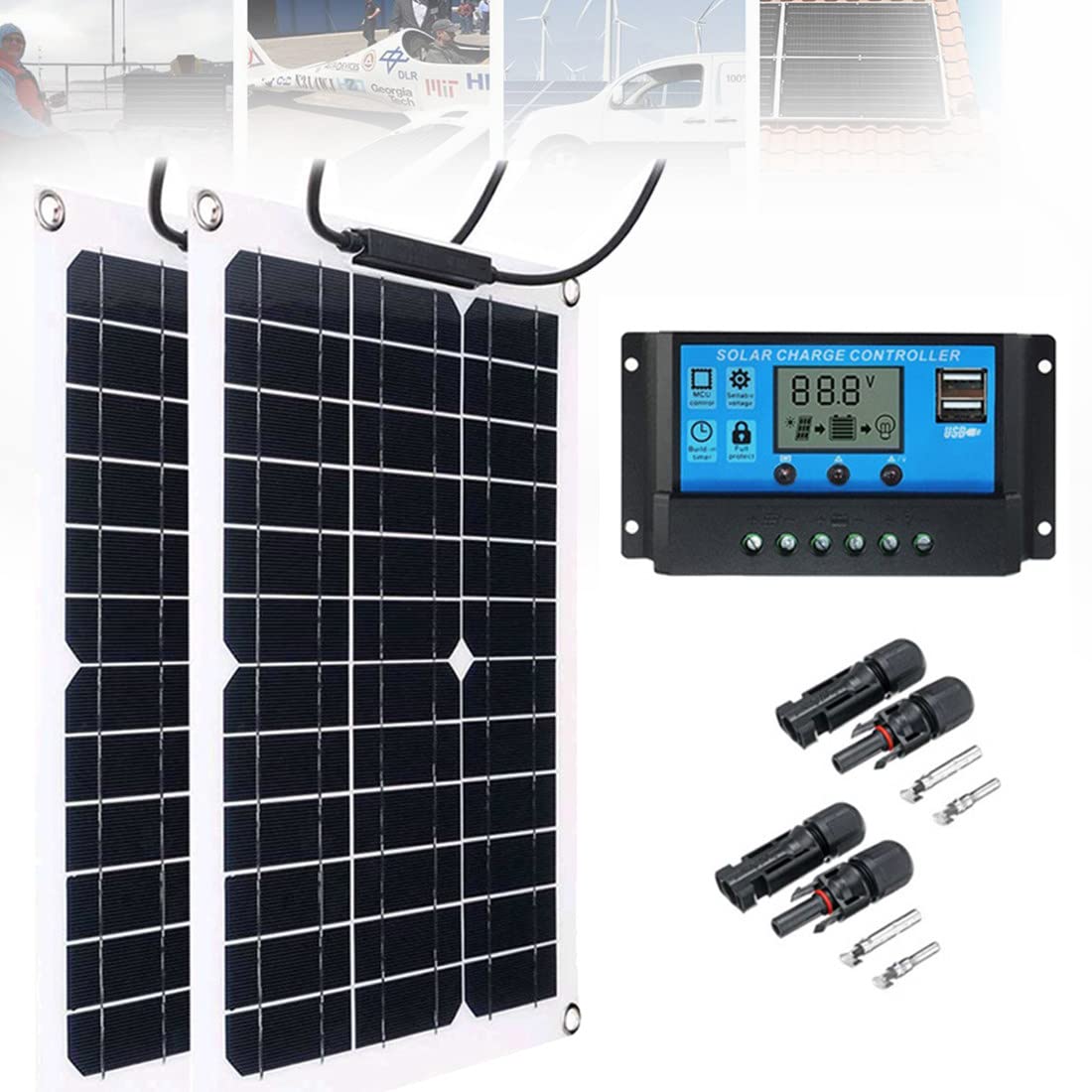 200W Kit Placa Solar Portatil Flexible Paneles Solares para Casa Baterias para Placas Solares Módulo Monocristalino Fotovoltaico Solar Off Grid Sistema con 20A Controlador