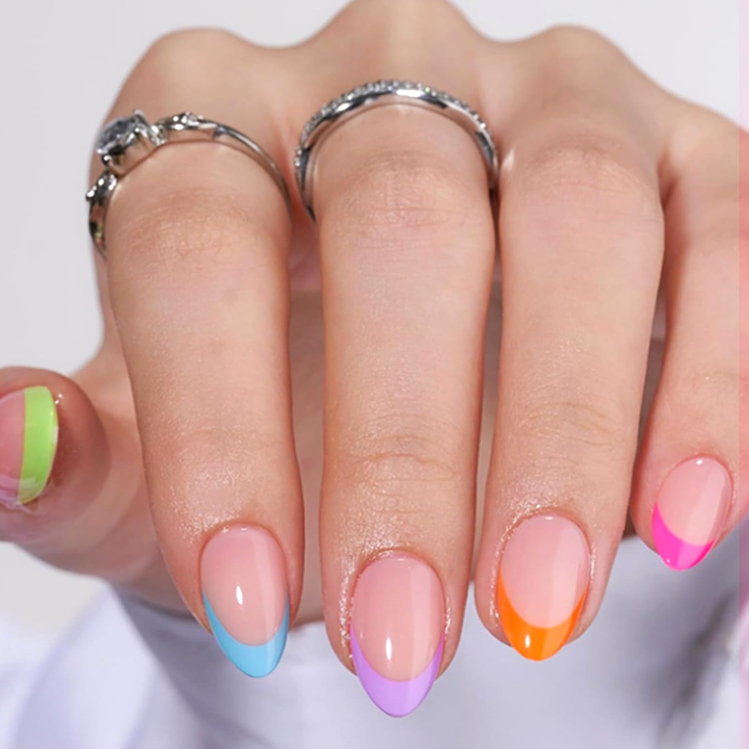 Colorful French Tip Glue on Nails Long Almond Press on Nails Glossy Acrylic False Nails Reusable Artificial Stick on Nails for Women Girls