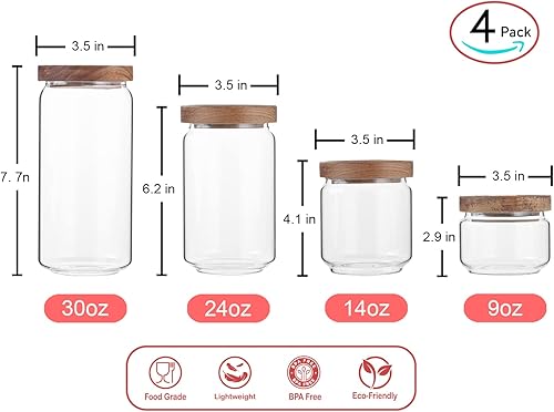 Miniatura 2 de Emica Home Contenedoresrecipientes de cocina de vidrio de borosilicato con tapa hermética de madera de acacia paquete de 4 tarros de almacenamiento