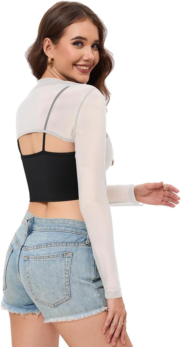 Women Mesh Crop Tops Long Sleeve Mock Neck Sheer Bolero Slim Fit See Through Sexy Tee Shirt Clubwear - Image 5
