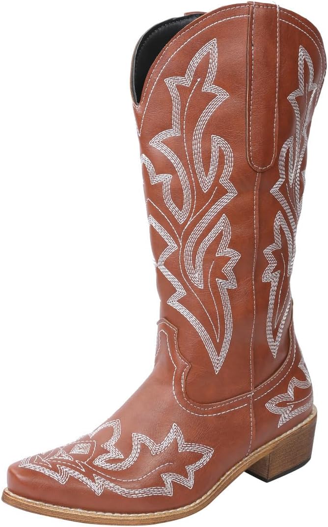 Cowboy Boots For Women Wide Calf Mid Calf Embroidered Pull-On Chunky Stacked Heel Cowgirl Knee High Western Fashion Tall Boot
