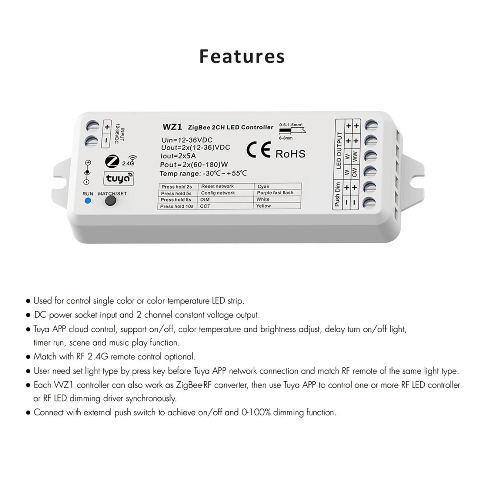Tuya Zigbee LED regulador de intensidad 12V 24V DC 2CH 10A Wifi inteligente 2,4G RF remoto Multi-nube Control de voz Push Dimming CCT controlador WZ1 (Color : R6 (DIM) Only)