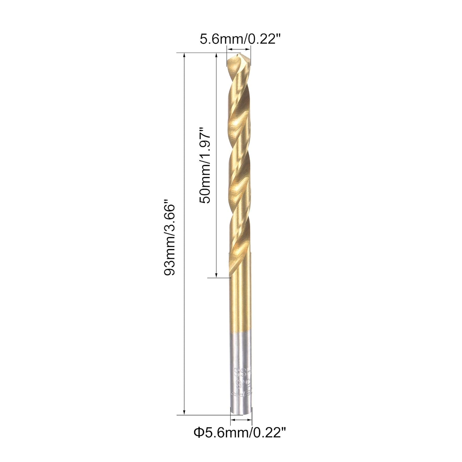 uxcell High Speed Steel Straight Shank Twist Drill Bit Fully Ground Titanium Coated 5.6mm Drill Diameter 93mm Total Length 50mm Drill Bit Length 2 Pcs