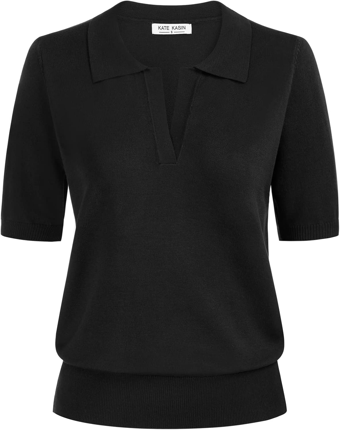 Kate Kasin Women Short Sleeve Polo Sweater V Neck Knitted Tops Casual Ribbed Shirt Loose Pullover Sweater