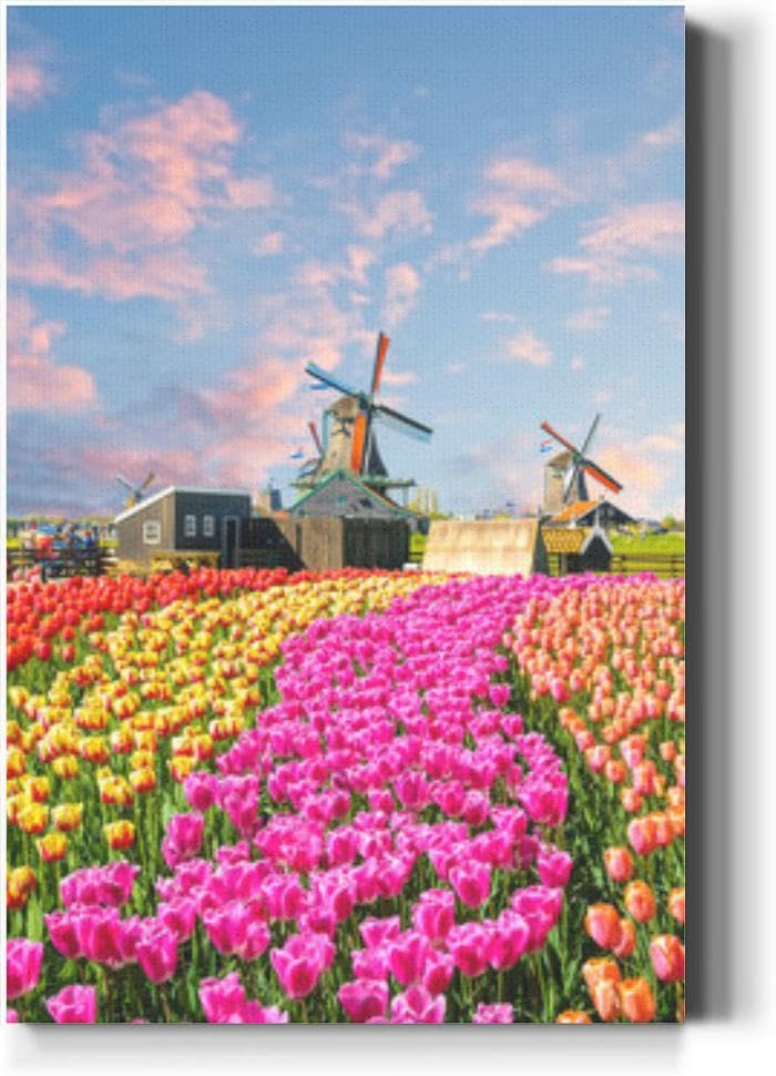 Large Wall Art Decor Landscape tulips traditional dutch windmills and houses near the Vertical Pictures Framed Canvas Wall Art for Living Room Bedroom Bathroom Artwork Paintings Kitchen 36x24