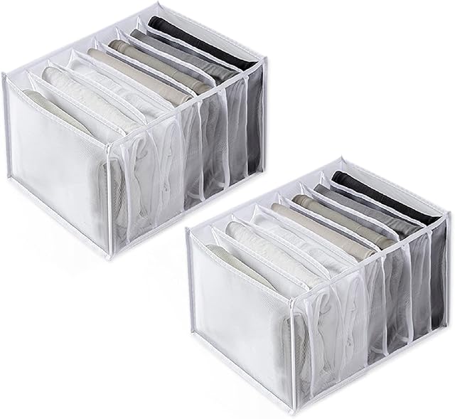 2 Pcs Foldable Drawer Clothes Storage Boxes Jeans Storage Organizer ,7 Grids Of White for Trousers, Leggings, T-shirt Organization