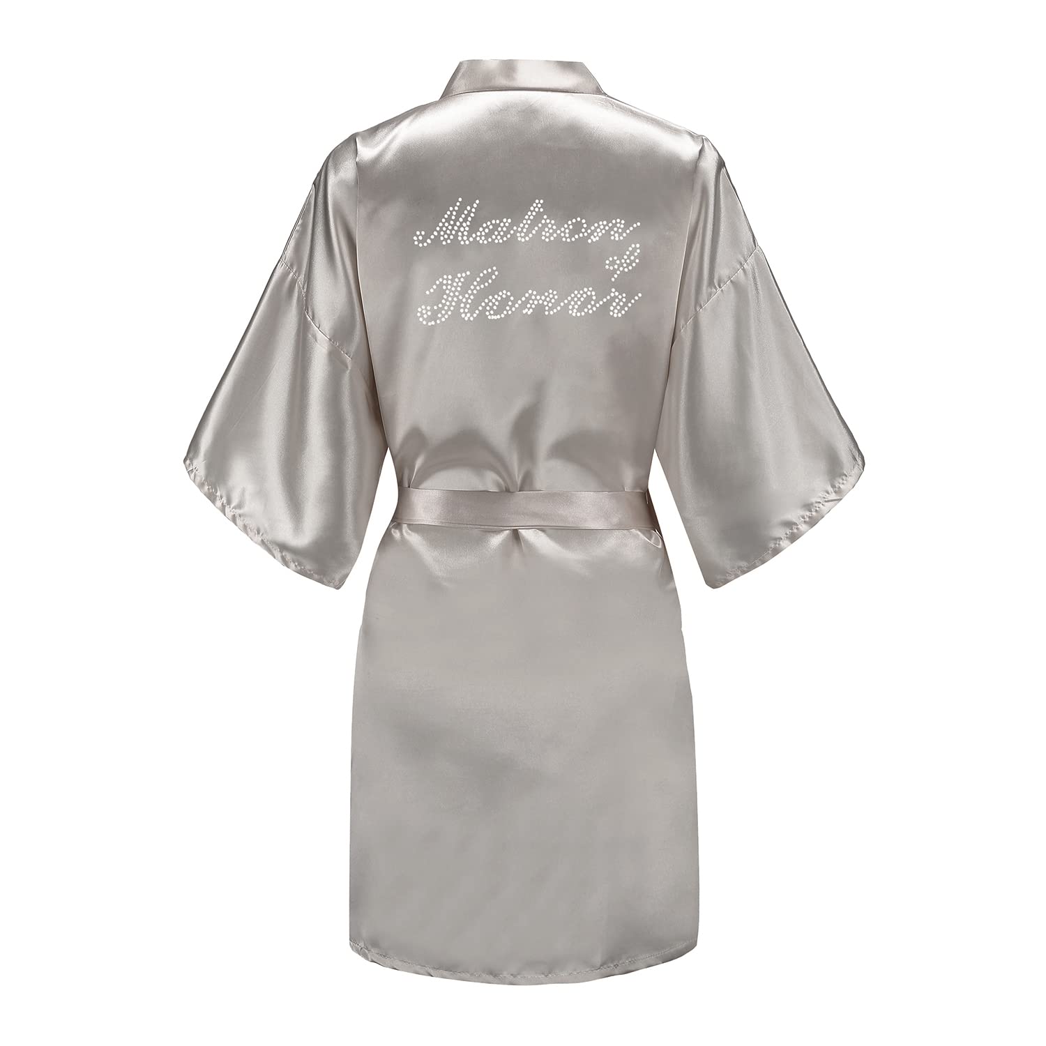 EPLAZA Womens One Size Silver Rhinestones Bride Bridesmaid Short Satin Robes for Wedding Party Getting Ready