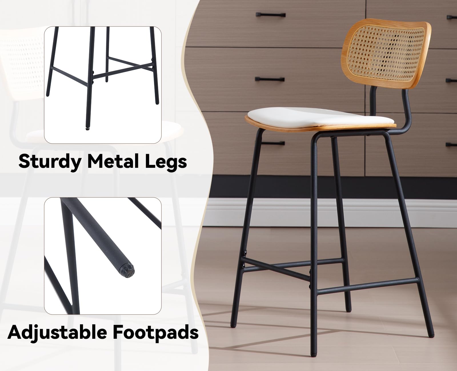 chairus Juego 2 de Taburetes Bar con Asiento de Polipiel Sillas Barra con Respaldo Ratán, Taburetes Bistró Modernos con Patas de Metal para Isla de Cocina, Blanco
